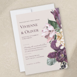 Trouwkaart met bloemmotief en pruimkleurige orchid kaart