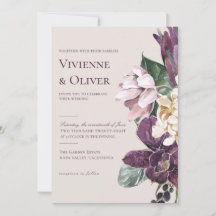 Trouwkaart met bloemmotief en pruimkleurige orchid
