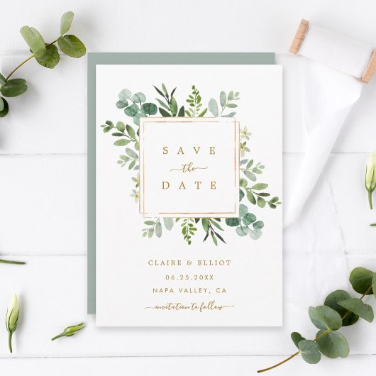 Trouwkaart met botanisch goudgroen blad Save the D Save The Date