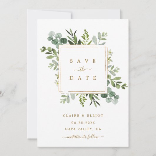 Trouwkaart met botanisch goudgroen blad Save the D Save The Date (Voorkant)