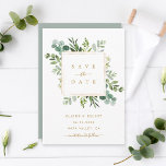 Trouwkaart met botanische gouden groene begroeiing save the date<br><div class="desc">Deze trouwkaart uitnodiging heeft geschilderde waterverf eucalyptus groen,  groene bladeren en een gouden vierkant kader. Voor meer geavanceerde aanpassing van dit ontwerp,  klik dan op de "Verder aanpassen" link.  Overeenkomende items zijn ook beschikbaar.</div>