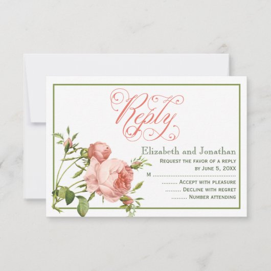 Trouwkaart met Cabbage Rose Script RSVP Kaartje (Voorkant)