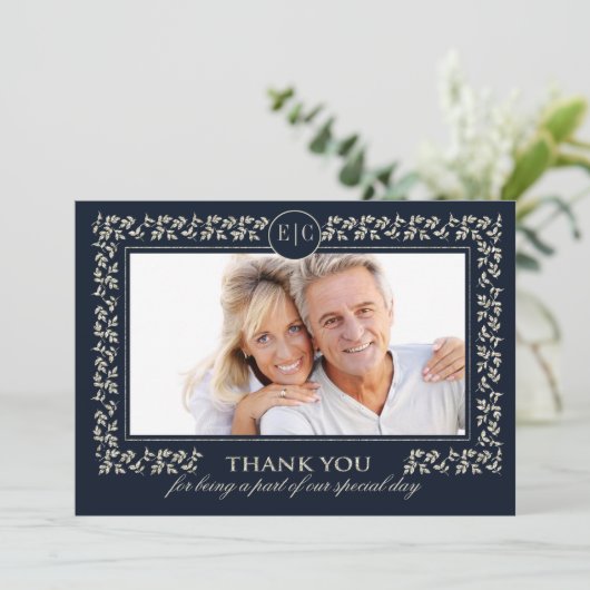 Trouwkaart met dank voor Navy Blue Zilveren Huweli Bedankkaart (Staand voorkant)