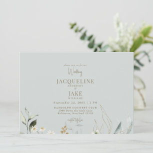 Trouwkaart met dansende madeliefjes in licht salie kaart