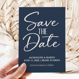 Trouwkaart met de hand geschreven Navy Blauwe Scri Save The Date