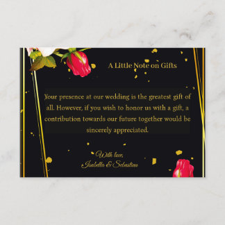 Trouwkaart met donkere bloemen, zwart en goud deta informatiekaartje