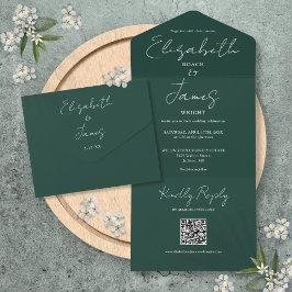 Trouwkaart met elegante script QR-code in smaragdg All In One Uitnodiging