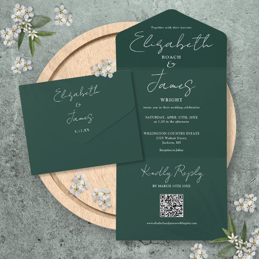Trouwkaart met elegante script QR-code in smaragdg All In One Uitnodiging