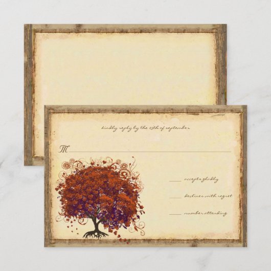 Trouwkaart met fantasierijke koraalrode pruimhartb RSVP kaartje (Voorkant / Achterkant)