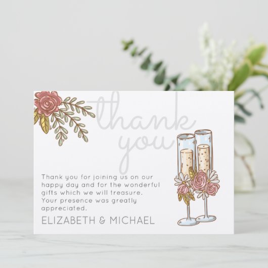 Trouwkaart met Fantasievolle Champagne Rozen Bedan Bedankkaart (Staand voorkant)