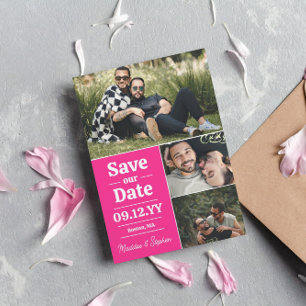 Trouwkaart Met Foto Collage in Vette Roze Letterty Save The Date