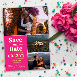 Trouwkaart met foto collage in vette roze typograf folie uitnodiging