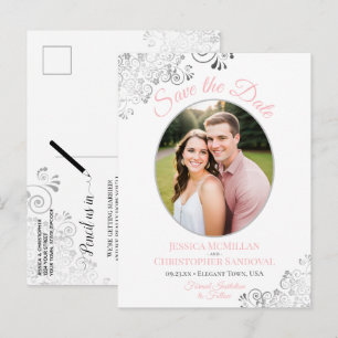 Trouwkaart met foto en datum in roze, zilver en wi aankondigingskaart