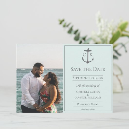 Trouwkaart met foto en nautisch monogram save the date (Staand voorkant)