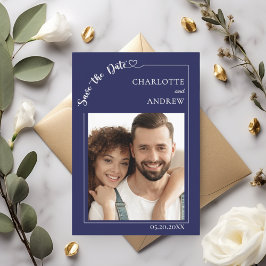 Trouwkaart met foto en Navy blauwe Save the Date