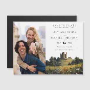 Trouwkaart met foto van kasteel en wilde bloemen magnetische uitnodiging