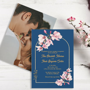 Trouwkaart met foto van Navy Magnolia Bloemen