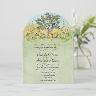 Trouwkaart met gedraaide bloem en liefdesvogels on kaart