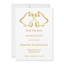 Trouwkaart met gouden bel en lint Save The Date