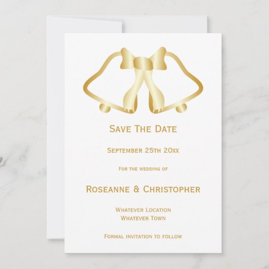 Trouwkaart met gouden bel en lint Save The Date (Voorkant)