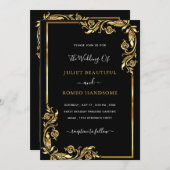 Trouwkaart met gouden bladeren omlijst in zwart go (Voorkant / Achterkant)