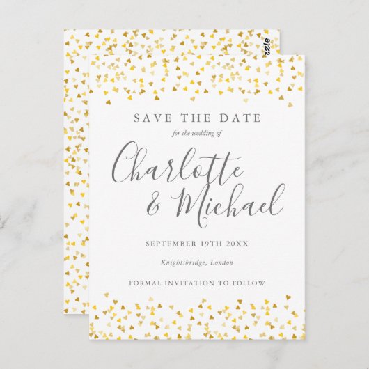 Trouwkaart met gouden harten confetti Save the Dat Briefkaart (Voorkant / Achterkant)