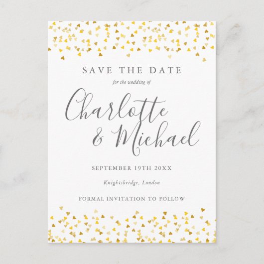 Trouwkaart met gouden harten confetti Save the Dat Briefkaart (Voorkant)