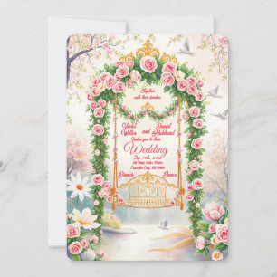 Trouwkaart met gouden schommel en bloemen kaart