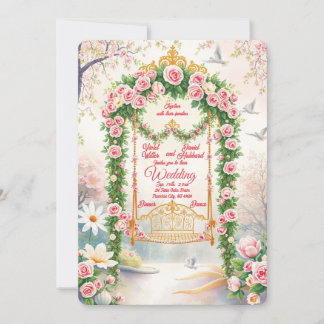 Trouwkaart met gouden schommel en bloemen kaart
