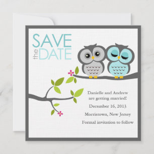 Trouwkaart met grijze en aqua uilen 'Save the Date Kaart