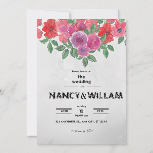 Trouwkaart met grijze en rode bloemen kaart (Voorkant)