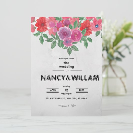 Trouwkaart met grijze en rode bloemen kaart (Staand voorkant)