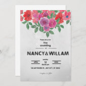 Trouwkaart met grijze en rode bloemen kaart (Voorkant / Achterkant)