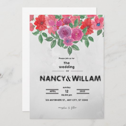 Trouwkaart met grijze en rode bloemen kaart (Voorkant / Achterkant)