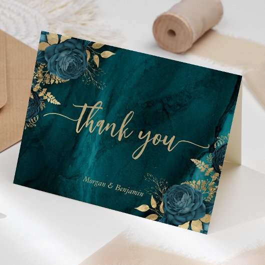 Trouwkaart met groene gouden bloemenscript bedankkaart