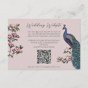 Trouwkaart met handgetekende QR-code en Blush Pauw Informatiekaartje