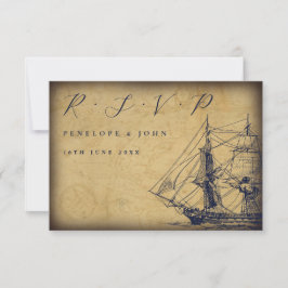 Trouwkaart met illustratie van oud scheepsmodel RSVP kaartje