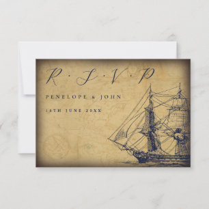Trouwkaart met illustratie van oud scheepsmodel RSVP kaartje