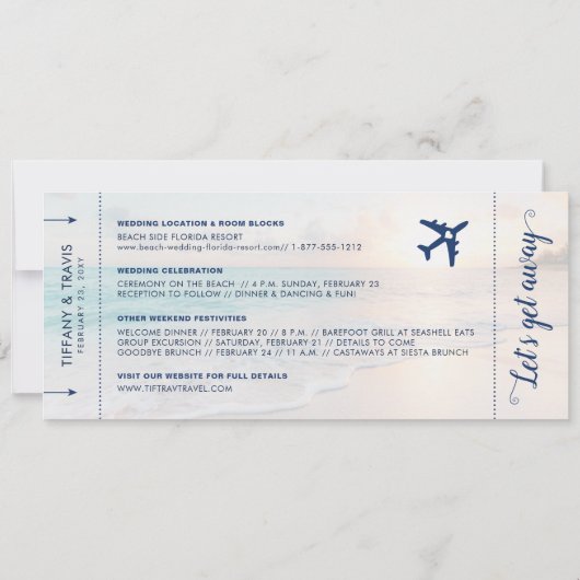 Trouwkaart met instapkaart en strandbestemming fot save the date (Achterkant)