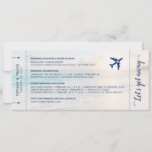 Trouwkaart met instapkaart strandbestemming foto save the date (Achterkant)