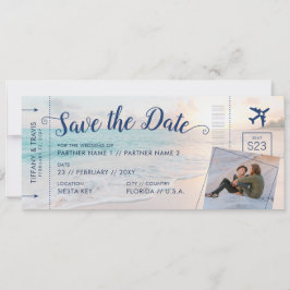 Trouwkaart met instapkaart strandbestemming save the date