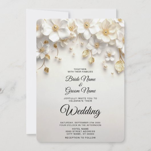 Trouwkaart met ivoorwitte bloemen en gouden blader kaart (Voorkant)