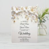 Trouwkaart met ivoorwitte bloemen en gouden blader kaart (Staand voorkant)