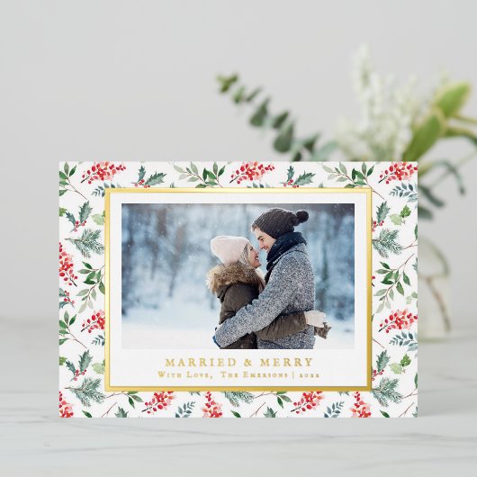 Trouwkaart met Kerstmis en Goud Folie Folie Feestdagenkaart (Staand Voorkant)