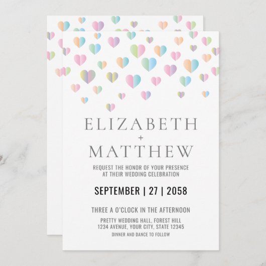 Trouwkaart met Kleurrijke Harten Elegant Aankondiging (Voorkant / Achterkant)