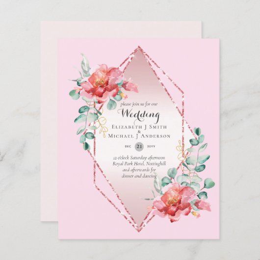 Trouwkaart met lage begroting rode roos bloemmotie (Voorkant / Achterkant)