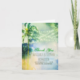 trouwkaart met lichten en palmen voor een strandhu bedankkaart