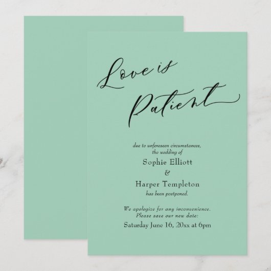 Trouwkaart met lichtgroene achtergrond en uitgeste kaart (Voorkant / Achterkant)