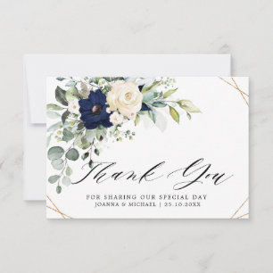 Trouwkaart met marineblauw roze bloemen en groen g bedankkaart