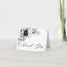 Trouwkaart met marineblauw roze bloemen en groen g bedankkaart